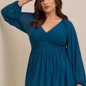 Women's NWT Torrid Stretch Mesh V-Neck Smocked Waist Blue Babydoll Top, 1X